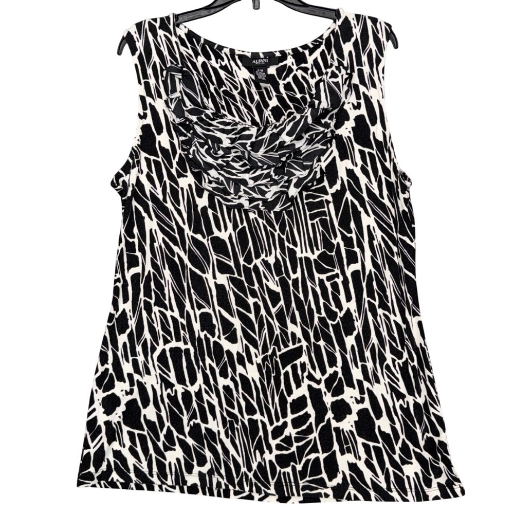 Alfani Petite Women's P/M Black White Abstract Top Sleeveless Ruffle Neck Casual